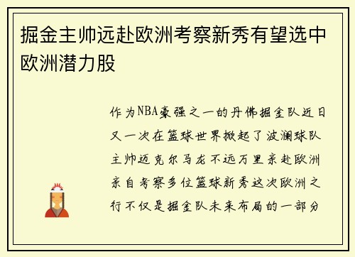 掘金主帅远赴欧洲考察新秀有望选中欧洲潜力股