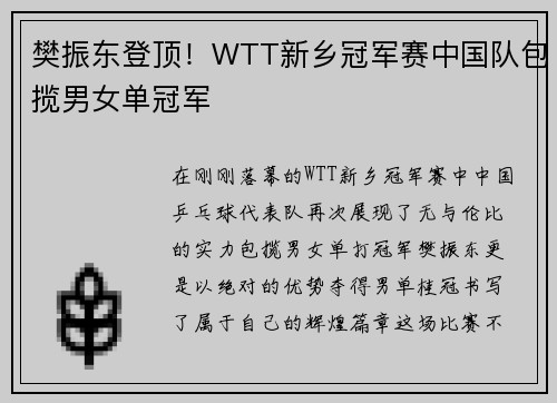 樊振东登顶！WTT新乡冠军赛中国队包揽男女单冠军